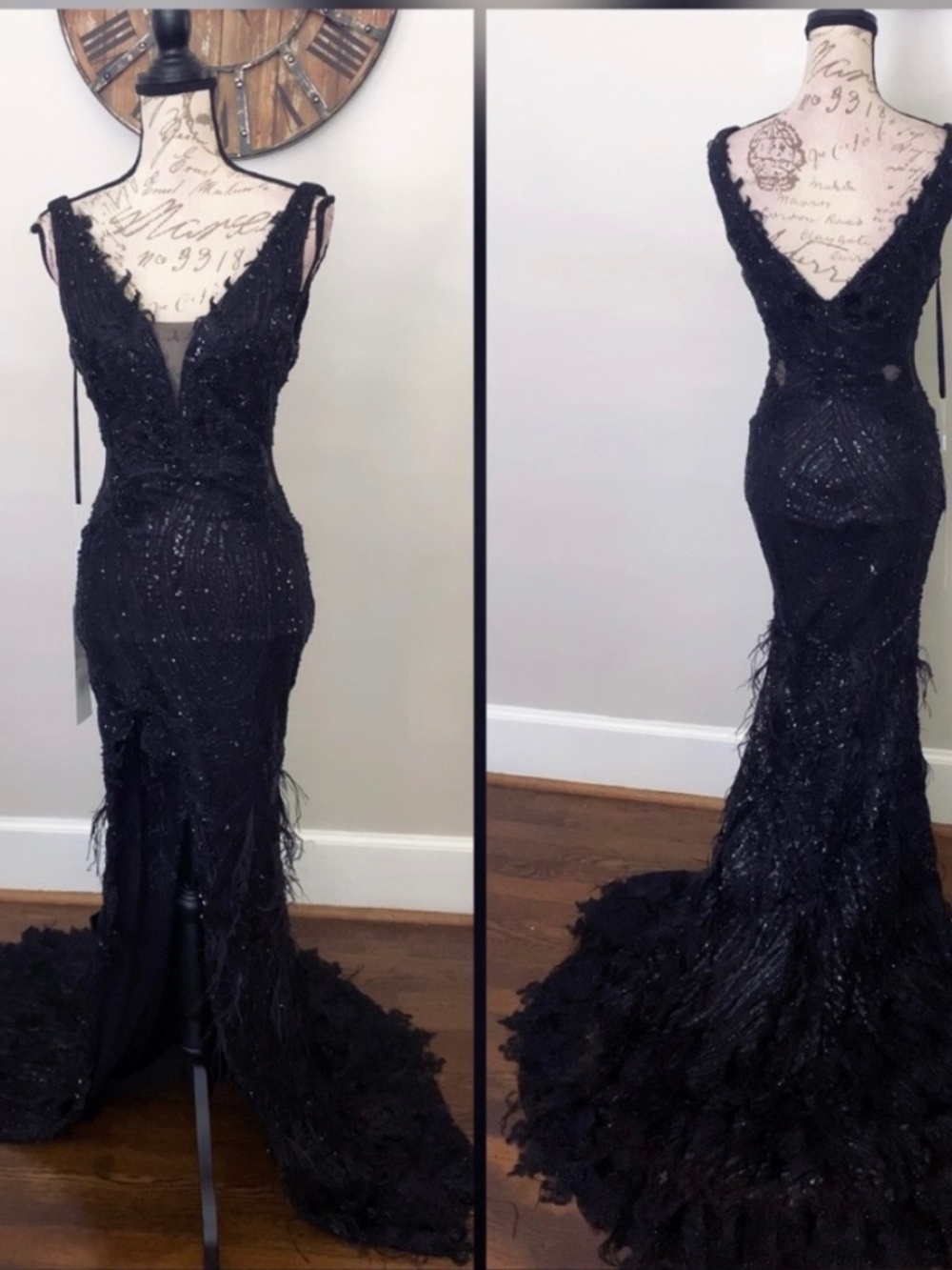 Beaded & feather black prom dress, evening gown, gala or pageant evening gown
